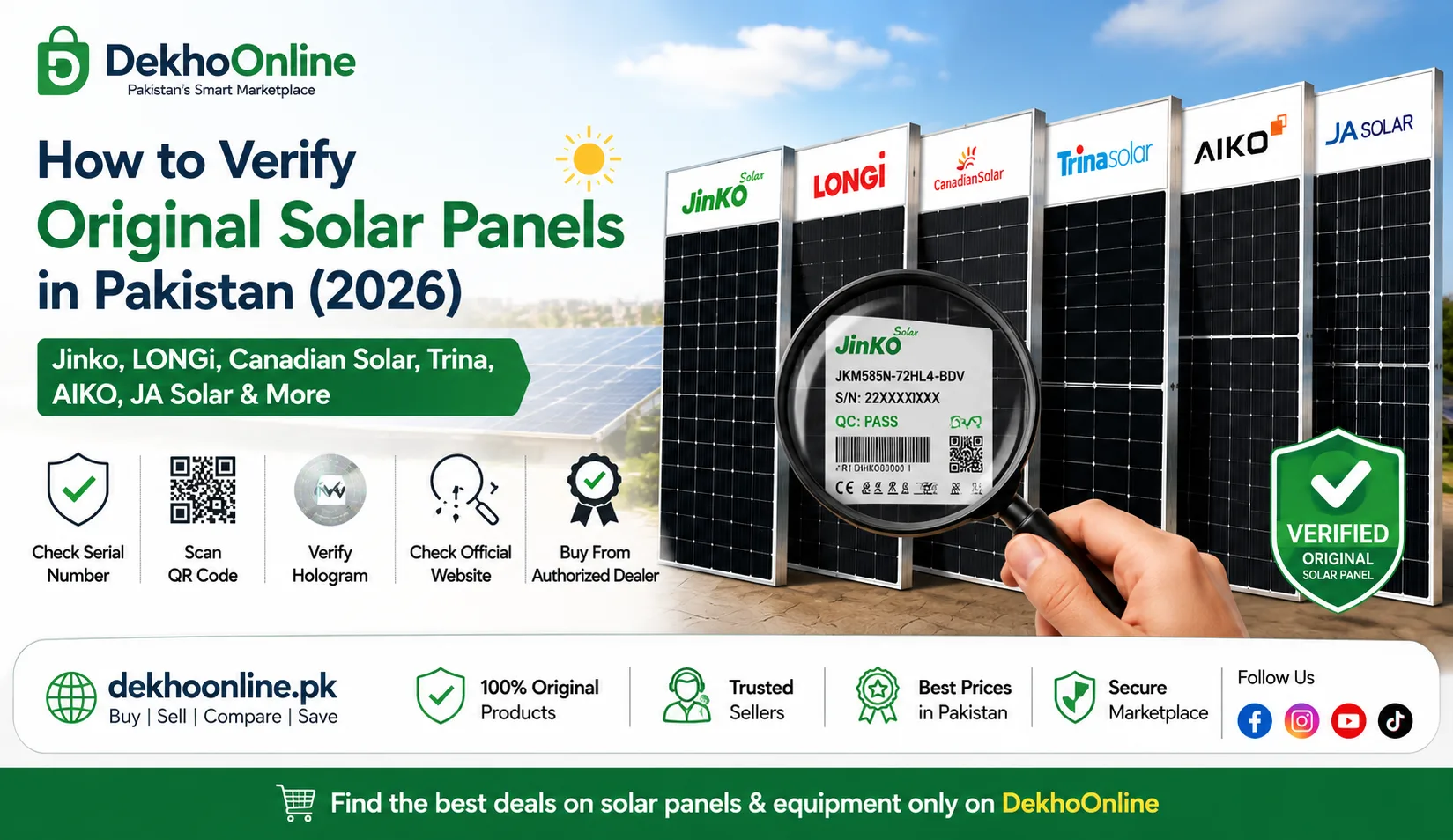 Original solar panel verification Pakistan guide showing QR code scanning and branded solar panels