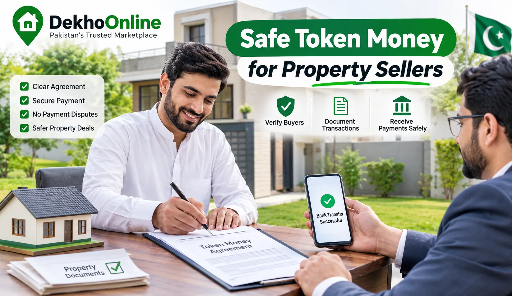 Token money property Pakistan safety guide showing a seller receiving a documented bank payment for a house sale