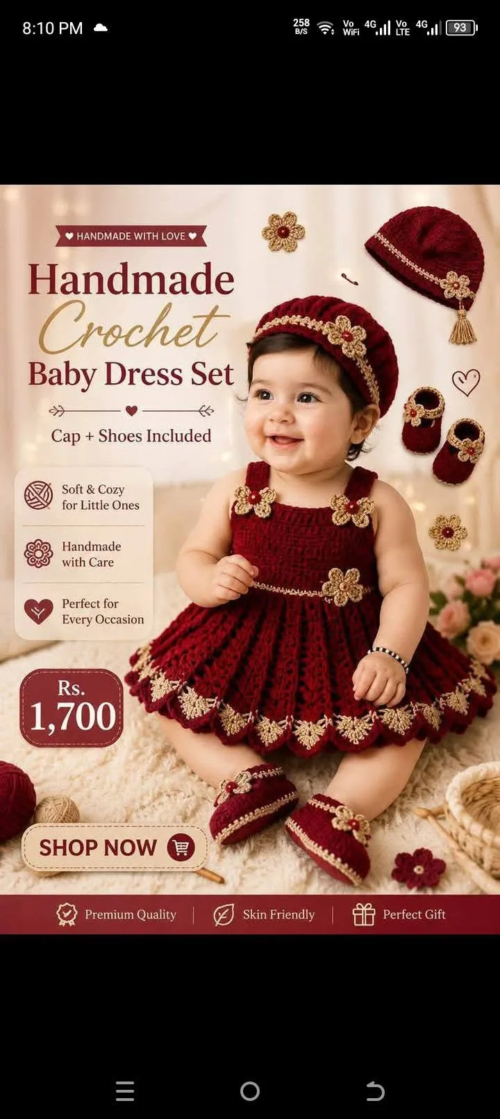 Handmade Crochet Baby Dress Set | Cap & Shoes Included | Free Delivery