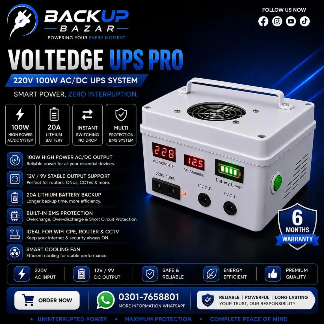 VoltEdge UPS Pro 220V 100W AC/DC UPS | 20A Lithium Battery | Router, UBNT & CCTV Backup