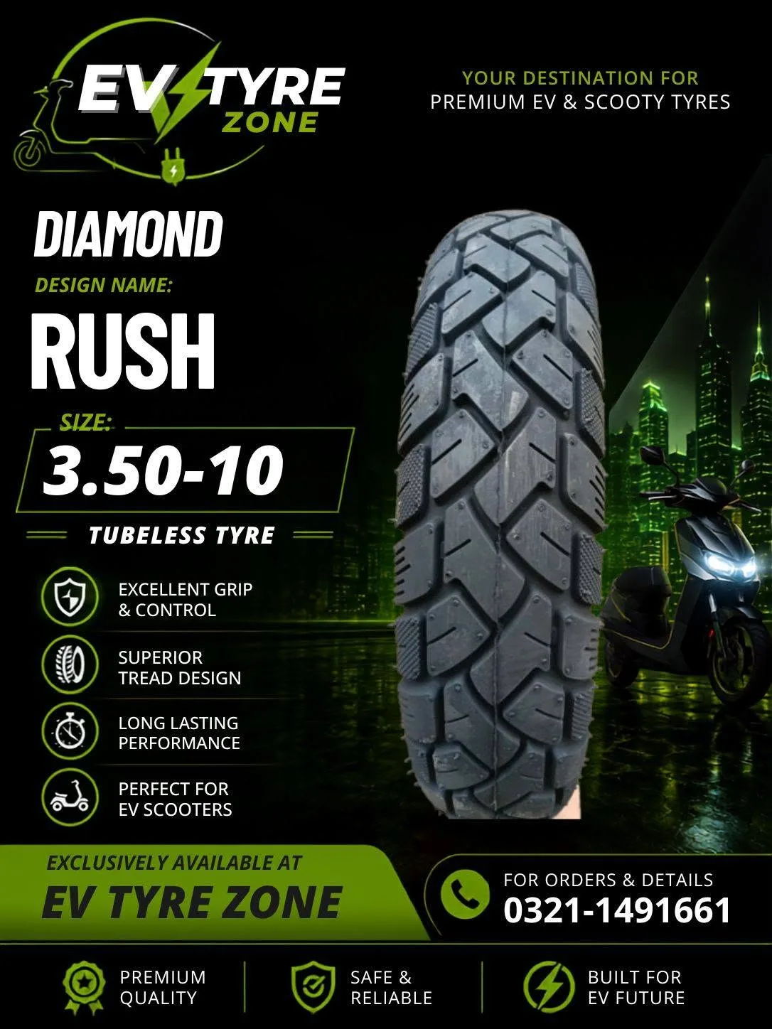 🛵 Diamond Rush 3.50-10 Tubeless Tyre – Premium EV Scooter Tyre 🛞