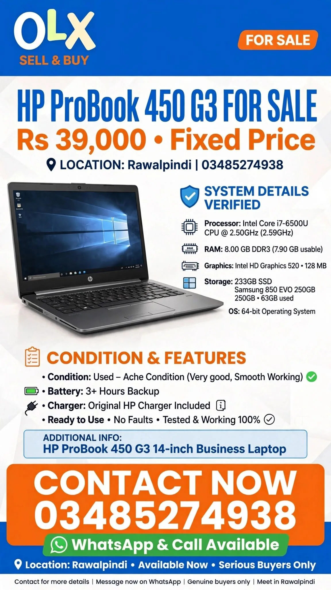 HP ProBook 450 G3 14-Inch Business Laptop