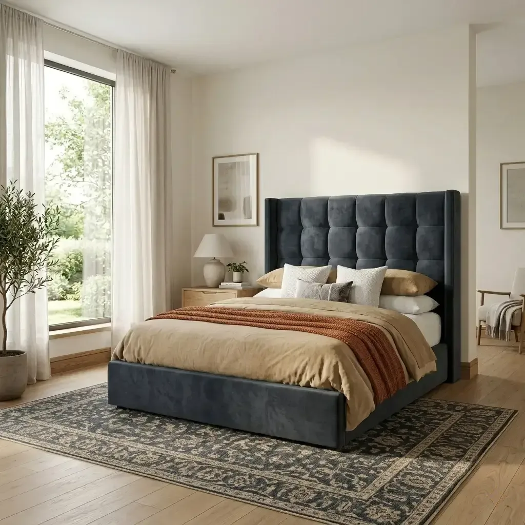 Modern Tufted Wingback Bed Frame with Upholstered Headboard