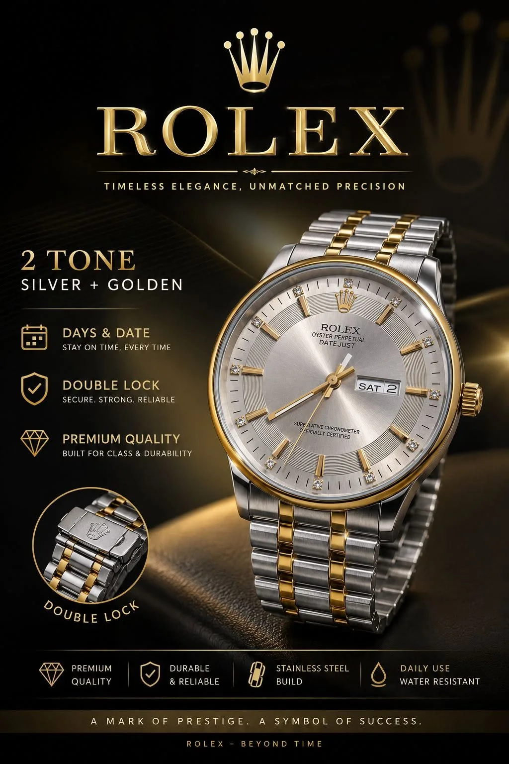 Rolex Style 2-Tone Men's Watch | Premium Quality | Silver & Gold