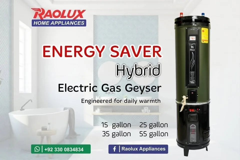 Raolux Hybrid Electric + Gas Geyser | 2000W Dual Heating | Energy Saver Water Heater