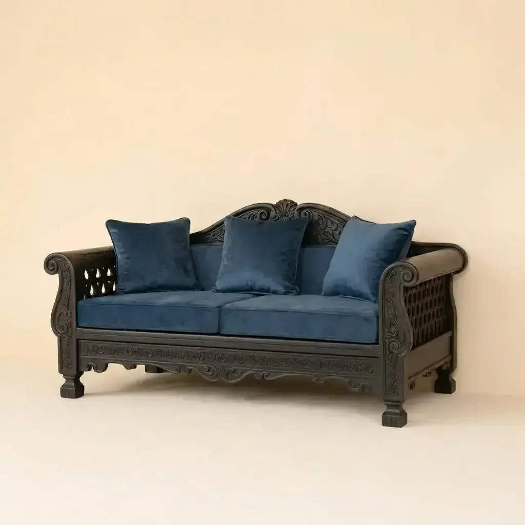 Elegant Dark Wood Sofa with Blue Velvet Cushions
