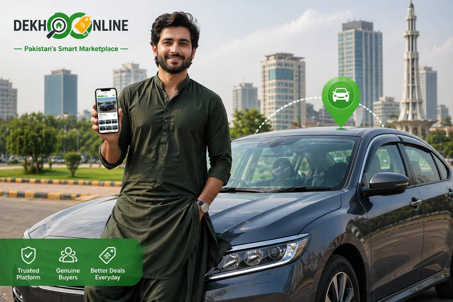 Sell used car fast in Pakistan guide showing a Pakistani seller photographing a clean vehicle for a DekhoOnline listing