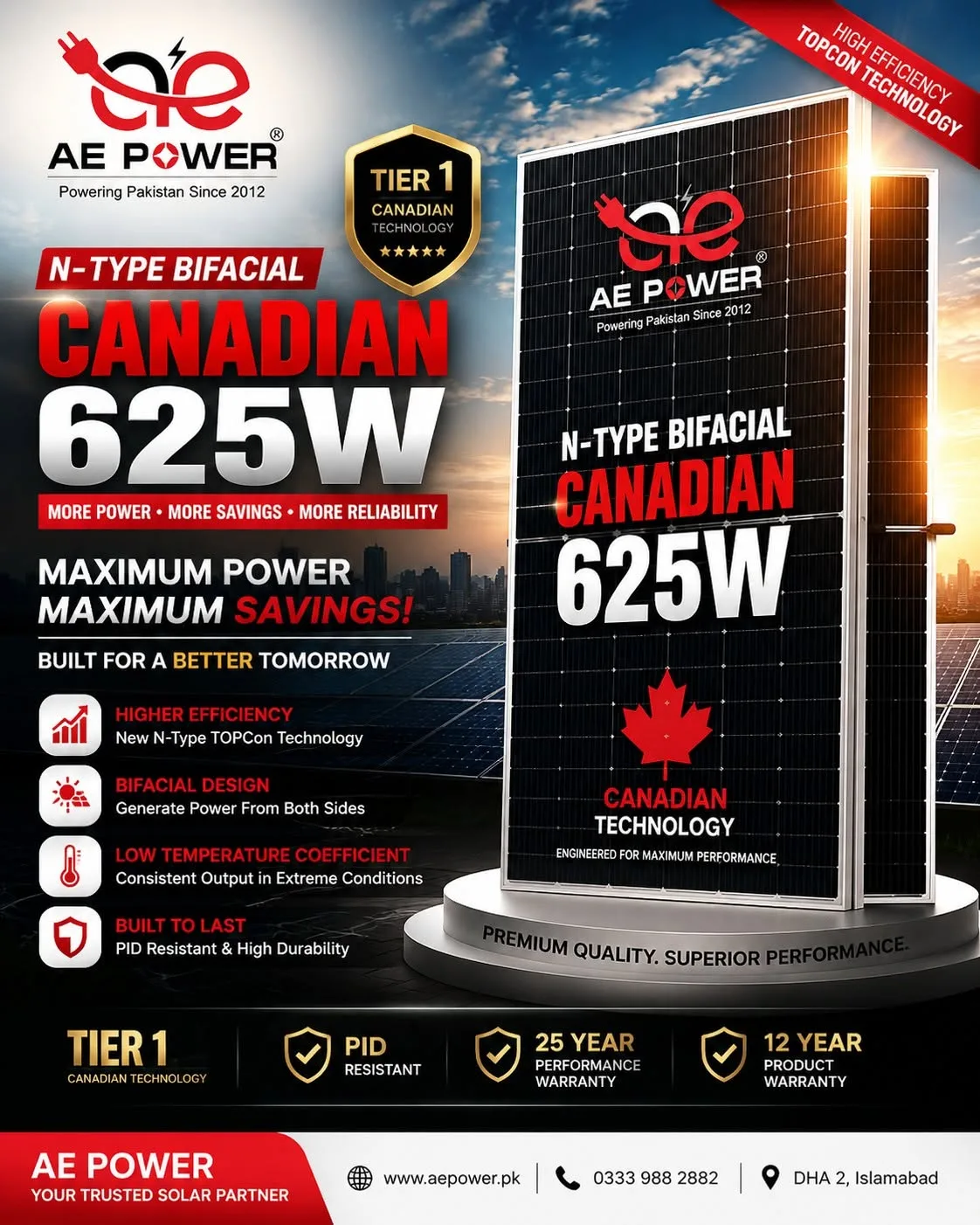 ☀️ Canadian N-Type Bifacial Solar Panel 625W — Ready Stock Available