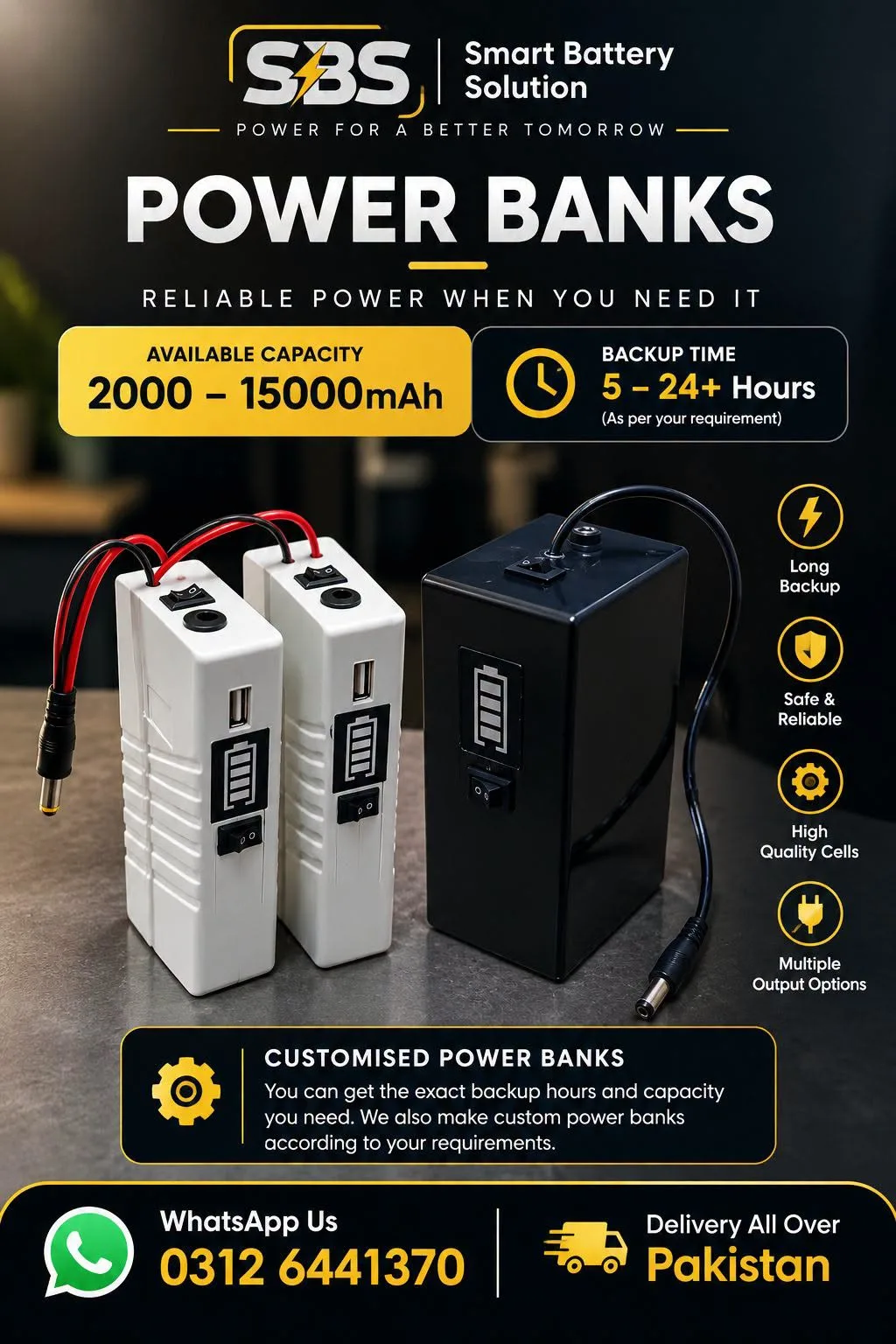 2000–15000mAh Custom Power Banks | 5–24+ Hours Backup | SBS