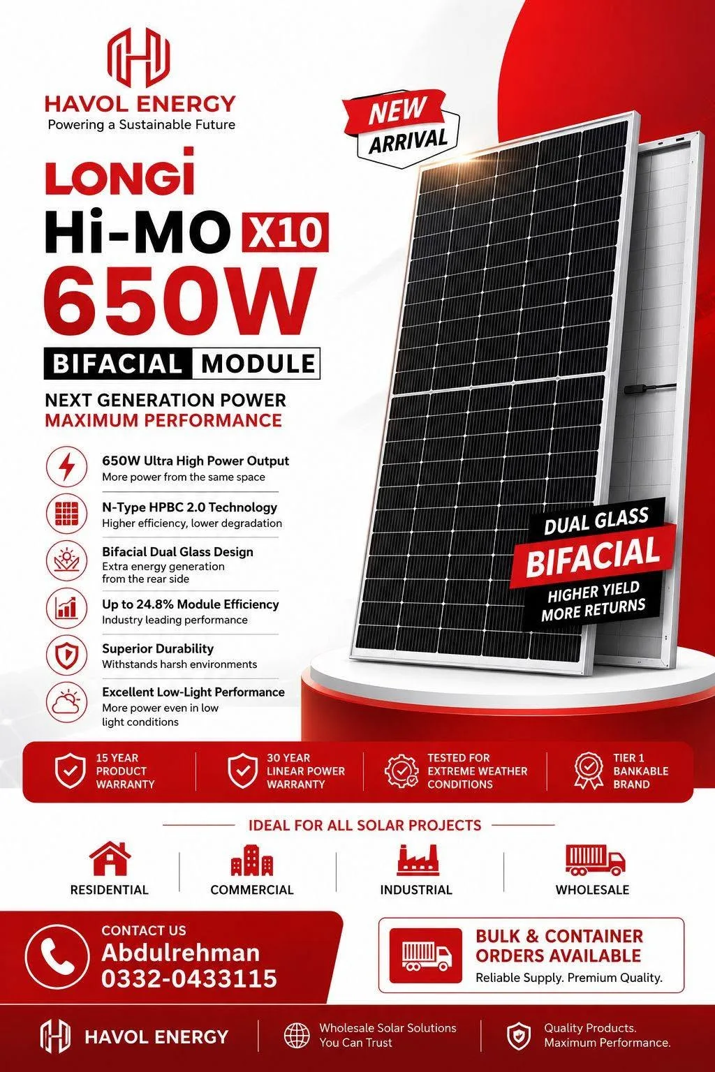 π₯ HAVOL ENERGY Longi Hi-MO X10 650W BIFACIAL SOLAR PANEL π₯