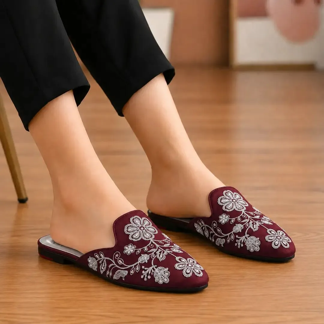 Elegant Floral Embroidered Loafer's Maroon