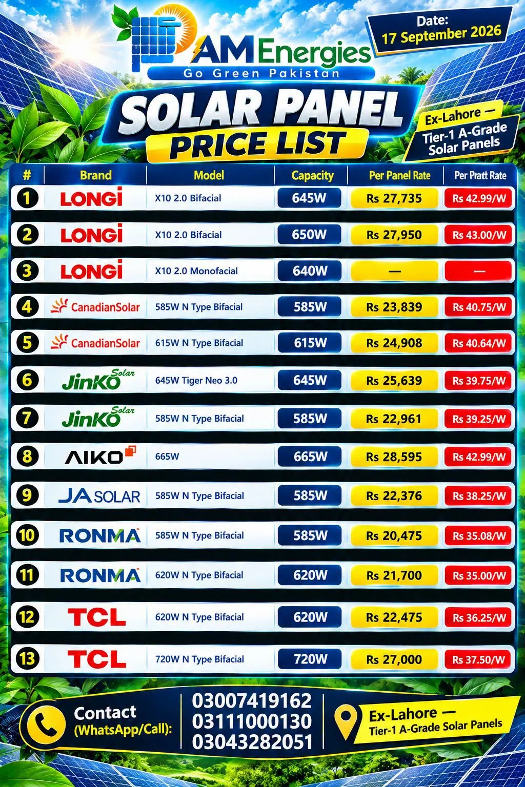 Solar Panel Price List – Ex-Lahore ☀️ Tier-1 A-Grade Solar Panels