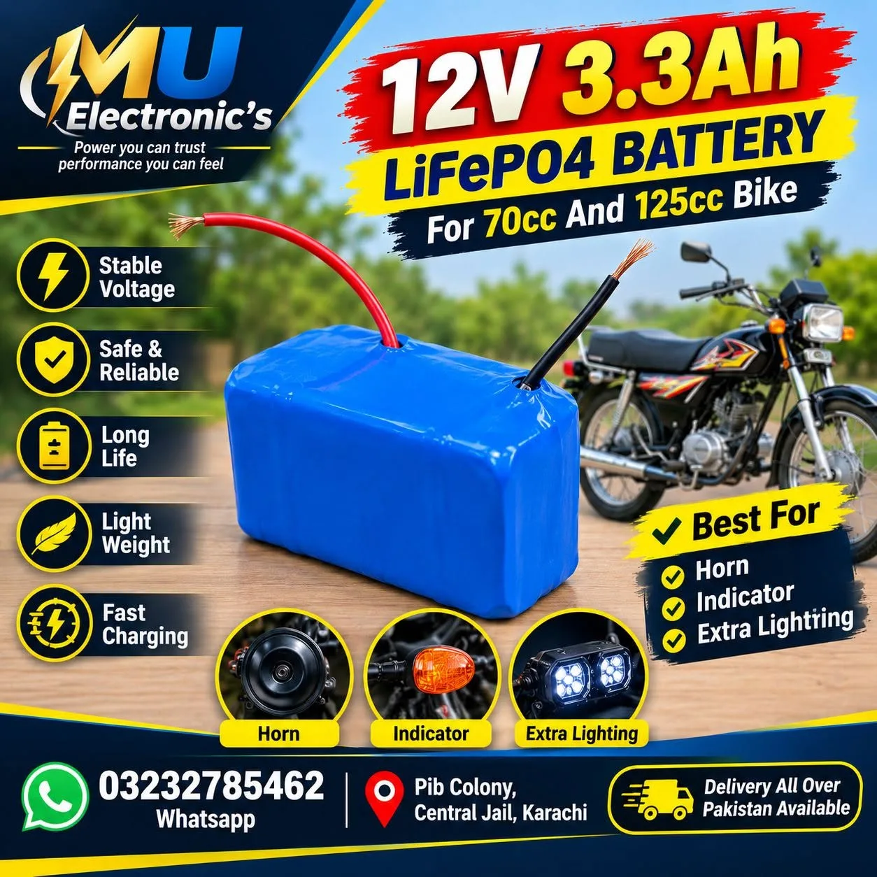 🔋 12V 3.3Ah LiFePO4 Lithium Battery – For 70cc & 125cc Bikes 🏍️