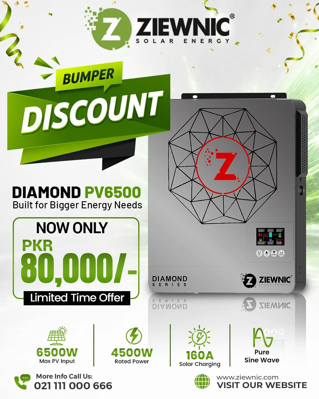 ⚡ Ziewnic Diamond PV6500 Solar Inverter | 4500W Pure Sine Wave | Limited Time Offer